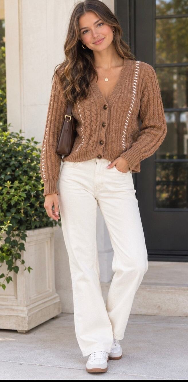 Forever 21 Mixed Cable Knit Cardigan with White Whipstitch Detailing